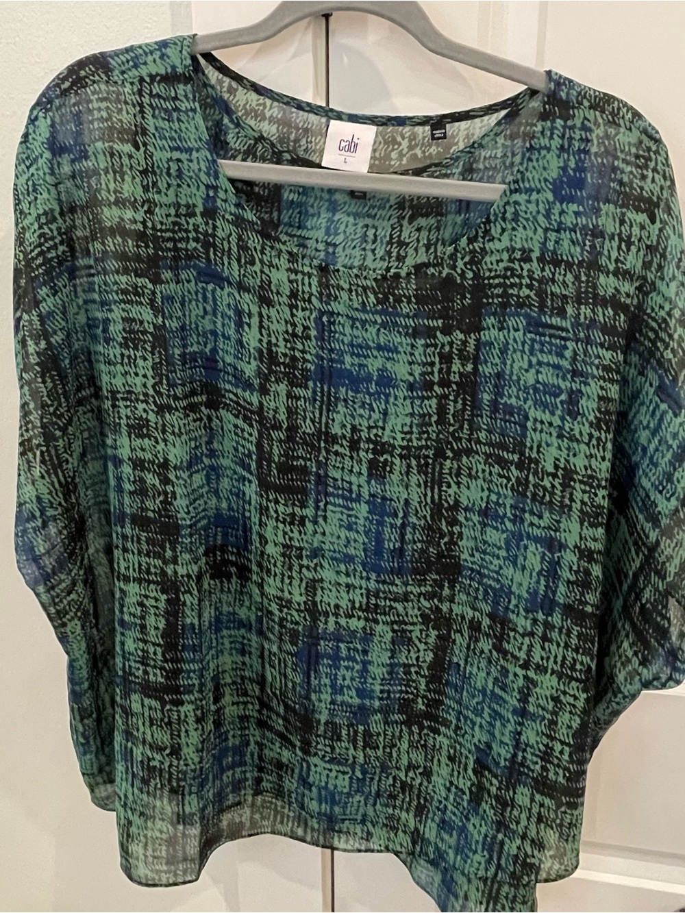 CAbi Teal Green Blue Abstract Sheer Asymmetrical Blouse & Cami L